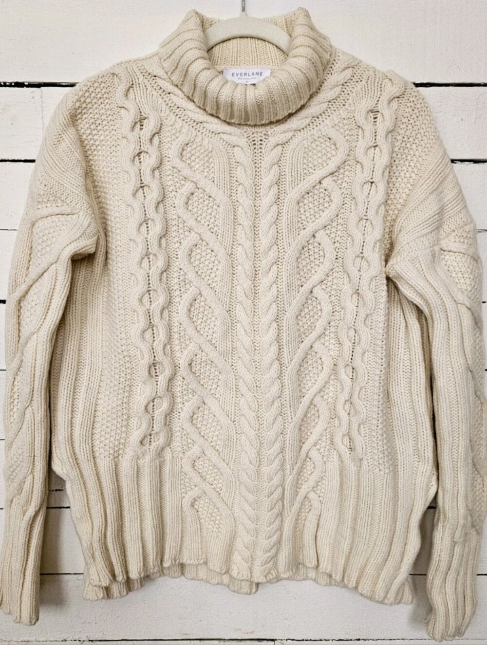 Everlane Wool Cashmere Cable Knit Fisherman Cream Ivory Turtle Neck Sweater XS